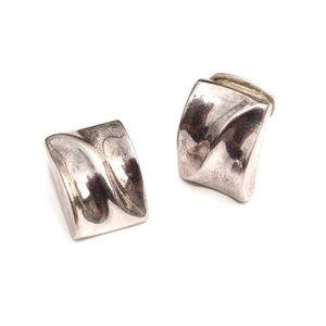 Vintage Sterling Silver Clip On Earrings Modernist Style Grooved Rectangle Block